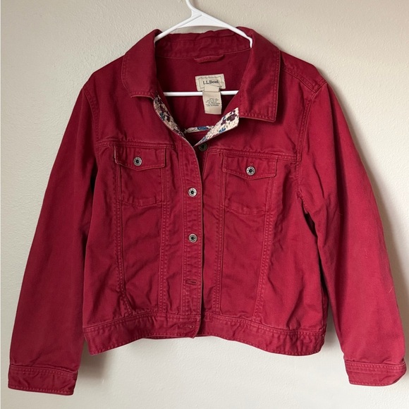 L.L. Bean Jackets & Blazers - L.L. Bean Red Trucker Jacket With Floral Lined Collar Women’s Petite L Farmcore